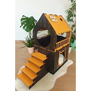 Dekoratif Ahşap Kedi Evi Teraslı 2 Katlı Merdivenli Kedi Evi Turuncu - Koyu Kahverengi