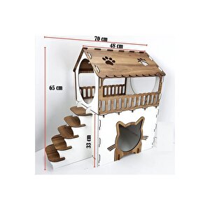 Dekoratif Ahşap Kedi Evi Teraslı 2 Katlı Merdivenli Kedi Evi Kahverengi - Beyaz