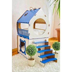 Dekoratif Ahşap Kedi Evi Teraslı 2 Katlı Merdivenli Kedi Evi Mavi - Beyaz