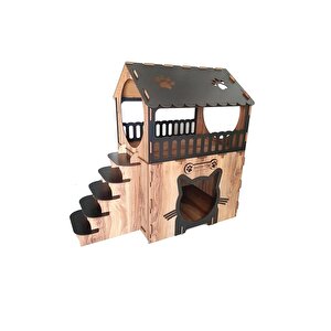 Dekoratif Ahşap Kedi Evi Teraslı 2 Katlı Merdivenli Kedi Evi Kahverengi - Siyah