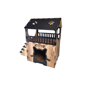 Dekoratif Ahşap Kedi Evi Teraslı 2 Katlı Merdivenli Kedi Evi Kahverengi - Siyah