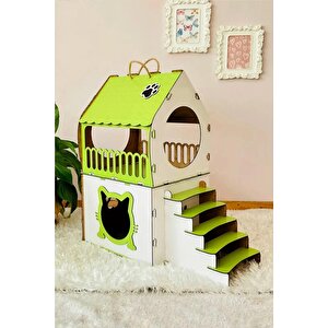 Dekoratif Ahşap Kedi Evi Teraslı 2 Katlı Merdivenli Kedi Evi Yeşil - Beyaz