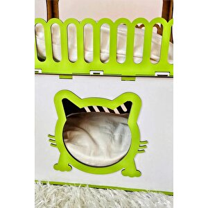 Dekoratif Ahşap Kedi Evi Teraslı 2 Katlı Merdivenli Kedi Evi Yeşil - Beyaz