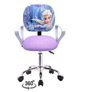 Frozen Ofis Ders Çalışma Faliyet Koltuğu Karlar Ülkesi Çocuk Odası Sandalyesi Döner Krom Ayak Lila