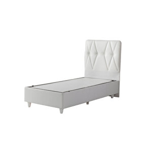 Tek Kişilik Sandıklı Beyaz Deri Baza+ Yatak + Başlık 90x190 cm