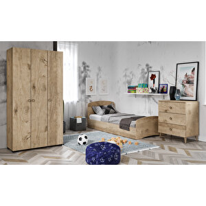 Soft Çocuk Odası Takımı Meşe - Karyola, 3 Kapaklı Gardırop, 3 Çekmeceli Şifonyer Tamamı Mdf