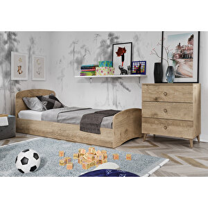 Soft Çocuk Odası Takımı Meşe - Karyola, 3 Kapaklı Gardırop, 3 Çekmeceli Şifonyer Tamamı Mdf