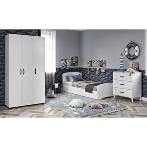 Soft Çocuk Odası Takımı Beyaz - Karyola, 3 Kapaklı Gardırop, 3 Çekmeceli Şifonyer Tamamı Mdf