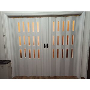 Akordiyon Kapı  297 X 221 Beyaz Camlı  12mm Çift Açılım Katlanır Akordeon Pvc 297x221 cm