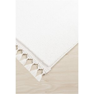 Comfort Puffy Ponpon Saçaklı Peluş Düz Yolluk Beyaz 200x400 cm