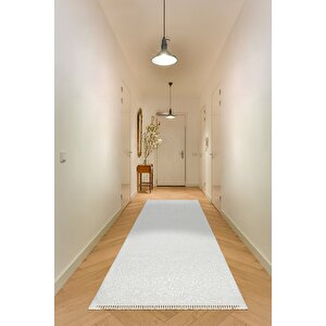 Yıkanabilir Kaymaz Tabanlı Saçaklı Oslo Kesme Rulo Halı Yolluk Krem 150x150 cm