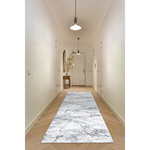 Yıkanabilir Kaymaz Tabanlı Silvia Kesme Rulo Halı Yolluk Gri-beyaz-siyah 150x450 cm
