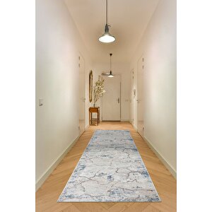 Yıkanabilir Kaymaz Tabanlı Silvia Kesme Rulo Halı Yolluk Mavi-bej-gri 100x550 cm