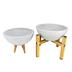 Bitki Tasarımı Ev Dekorasyon Beyaz Granit Aranjman Sunumluk Toprak Saksı 3-4 Ayaklı İkili Set 20 Cm Çap