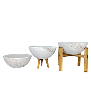 Ev Dekorasyon Beyaz Üzeri Gold Mermer Efektli Aranjman Sunumluk Toprak Saksı Üçlü Set 20 Cm Çap