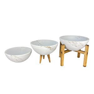 Bitki Tasarımı Ev Dekorasyon Beyaz Üzeri Gold Mermer Efektli Aranjman Sunumluk Toprak Saksı Üçlü Set 20 Cm Çap