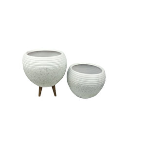 Beyaz Granit Küp Saksı Saksılık Salon Çiçeklik İkili Set (3 Ayaklı-ayaksız)