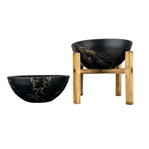 Ev Dekorasyon Siyah Üzeri Gold Mermer Efektli Aranjman Sunumluk Toprak Saksı Ayaksız Ve 4 Ayaklı İkili Set 20 Cm Ça