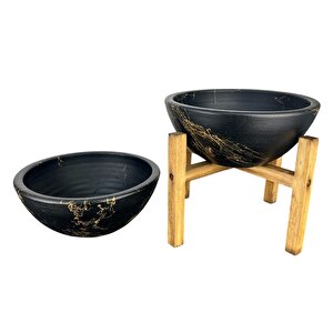 Bitki Tasarımı Ev Dekorasyon Siyah Üzeri Gold Mermer Efektli Aranjman Sunumluk Toprak Saksı Ayaksız Ve 4 Ayaklı İkili Set 20 Cm Ça