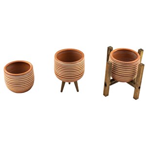 Ev Dekorasyon Beyaz Çizgi Desenli Terakota Toprak Saksı Saksılık Salon Çiçeklik Üçlü Set 12 Cm