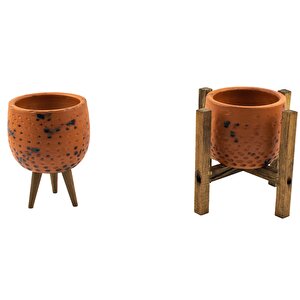 Siyah Nokta Desenli Terakota Toprak Saksı Saksılık Salon Çiçeklik İkili Set 3 Ayaklı, 4 Ayaklı 12 Cm