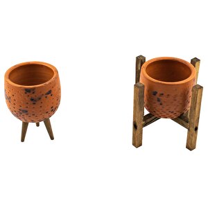 Siyah Nokta Desenli Terakota Toprak Saksı Saksılık Salon Çiçeklik İkili Set 3 Ayaklı, 4 Ayaklı 12 Cm