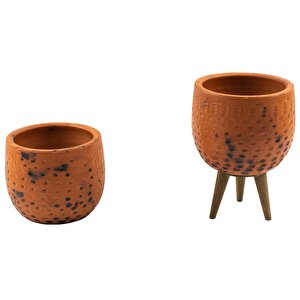 Siyah Nokta Desenli Terakota Toprak Saksı Saksılık Salon Çiçeklik İkili Set Ayaksız, 3 Ayaklı 12 Cm
