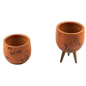 Siyah Nokta Desenli Terakota Toprak Saksı Saksılık Salon Çiçeklik İkili Set Ayaksız, 3 Ayaklı 12 Cm