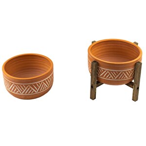 Terakota Hitit Desenli Toprak Aranjman Ve Bonzai Saksı Ayaksız Ve 4 Ayaklı İkili Set