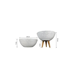 Ev Dekorasyon Beyaz Granit Aranjman Sunumluk Toprak Saksı Ayaksız Ve 3 Ayaklı İkili Set 20 Cm Çap