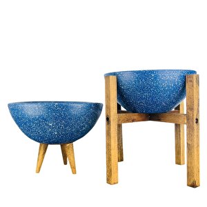 Ev Dekorasyon Lacivert Granit Aranjman Sunumluk Toprak Saksı 3-4 Ayaklı İkili Set 20 Cm Çap