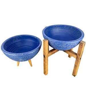 Ev Dekorasyon Lacivert Granit Aranjman Sunumluk Toprak Saksı 3-4 Ayaklı İkili Set 20 Cm Çap