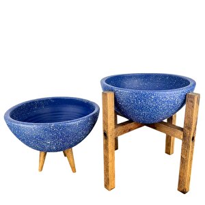 Bitki Tasarımı Ev Dekorasyon Lacivert Granit Aranjman Sunumluk Toprak Saksı 3-4 Ayaklı İkili Set 20 Cm Çap