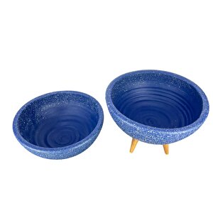 Bitki Tasarımı Ev Dekorasyon Lacivert Granit Aranjman Sunumluk Toprak Saksı Ayaksız Ve 3 Ayaklı İkili Set 20 Cm Çap