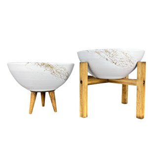 Ev Dekorasyon Beyaz Üzeri Gold Mermer Efektli Aranjman Sunumluk Toprak Saksı 3-4 Ayaklı İkili Set 20 Cm Çap