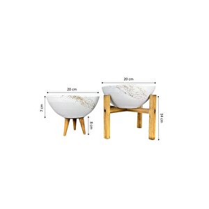 Ev Dekorasyon Beyaz Üzeri Gold Mermer Efektli Aranjman Sunumluk Toprak Saksı 3-4 Ayaklı İkili Set 20 Cm Çap