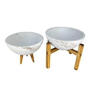 Bitki Tasarımı Ev Dekorasyon Beyaz Üzeri Gold Mermer Efektli Aranjman Sunumluk Toprak Saksı 3-4 Ayaklı İkili Set 20 Cm Çap
