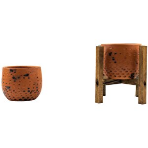 Ev Dekorasyon Siyah Nokta Desenli Terakota Toprak Saksı Saksılık Salon Çiçeklik İkili Set Ayaksız, 4 Ayaklı 12 Cm
