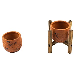 Ev Dekorasyon Siyah Nokta Desenli Terakota Toprak Saksı Saksılık Salon Çiçeklik İkili Set Ayaksız, 4 Ayaklı 12 Cm