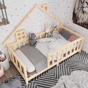 Milano İthal Ladin Ahşap Çatılı Montessori Çocuk Karyola 80x130cm