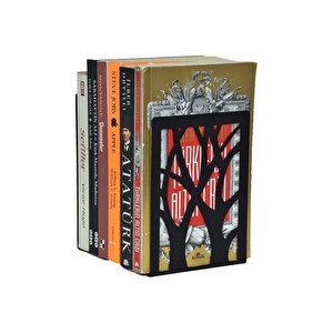 Ağaç Desenli Metal Kitap Desteği - Kitap Tutucu - Ev Ve Ofis Dekoratif Aksesuar( 2 Li Set) Siyah