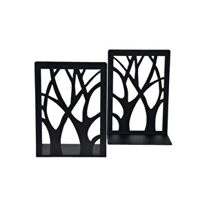 Ağaç Desenli Metal Kitap Desteği - Kitap Tutucu - Ev Ve Ofis Dekoratif Aksesuar( 2 Li Set) Siyah