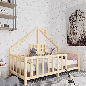 Liya İthal Ladin Doğal Ahşap Çatılı Montessori Karyola 80x130cm