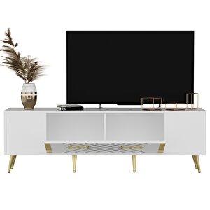 Pietro Lazer Desenli Tv Ünitesi Tv Sehpası Beyaz Altın 150 Cm