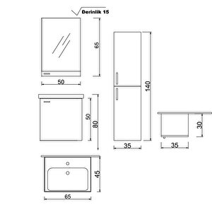 Denko Terra 65 Cm Mdf Beyaz Banyo Dolabı Takımı Ve Boy Dolabı