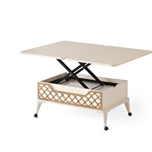 Zerenland 1299 Tekerlekli̇ Çi̇ft Çekmeceli̇ Akilli Sehpa, Si̇hi̇rli̇ Sehpa, Orta Sehpa, Laptop Masasi Desenli̇ Ekru