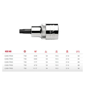 T45 Kısa Tip 1/2” Delikli Torx Uçlu Lokma C28s-tr45