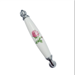Beyaz Porselen Güllü Kulp krom Ayaklı 128 mm 5’li Set | Dekoratif Mobilya Kulpu