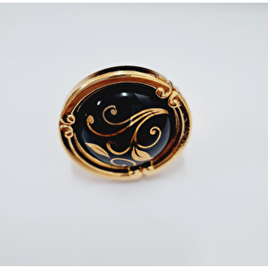 PORSELEN DÜĞME KULP METAL GOLD SİYAH DESENLİ  / 5 ADET