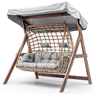 Girne Swing Ahşap Rattan Salıncak Dış Mekan Bahçe Balkon Ve Teras Salıncağı Gri